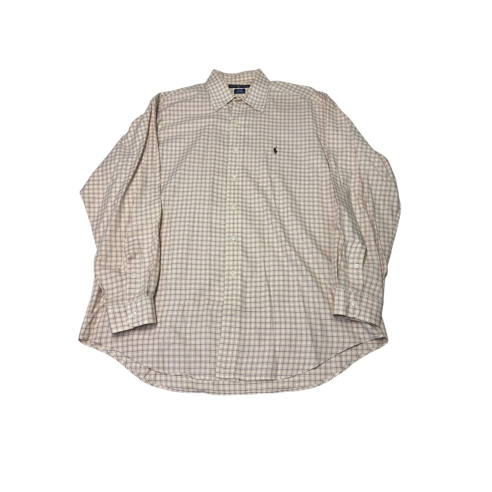 Polo Ralph Lauren Blake Shirt Mens Large Tan Brown Check Plaid Cotton Button‎